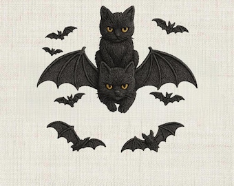 Embroidered Halloween Black Cat Design, Halloween Digital,Bats Dark Humor Gothic Style, Top Cat Lover Gift,Trendy Spooky Season
