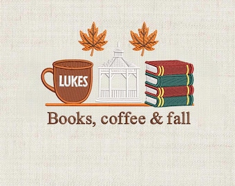 Luke's Coffee Fall Books Gazebo Embroidery Design – Cozy Autumn Digital File for Sweatshirts, Hoop Art, Machine Embroidery Pattern
