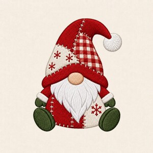 May include: An embroidered gnome figure featuring a red and white checkered hat with a white pom-pom, a beige nose, a long white beard, and a red body with green mittens and boots. The design includes white snowflake patterns and stitching.