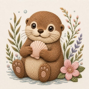 Op de afbeelding: Een geborduurde bruine otter met een roze schelp, omringd door bloemenborduurwerk. Het kunstwerk toont groene, roze en paarse bladeren. De afbeelding heeft een handgemaakte, getextureerde kwaliteit, met de nadruk op de uitdrukking van de otter.