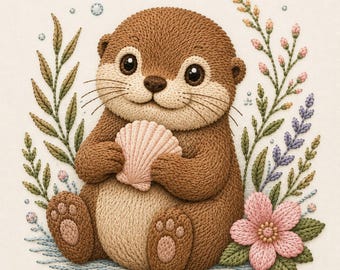 May include: A brown otter with large eyes, holding a pink seashell. The otter is surrounded by embroidered flowers and foliage in shades of green, pink, and purple. The artwork has a textured, handmade appearance.