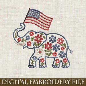 Patriotic Elephant Embroidery Design, 4th of July Floral USA Flag Elephant, Machine Stitch File, Red White Blue Embroidery