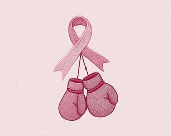 Arquivo de Bordado Digital – Luvas de Boxe com Fita Rosa para Conscientização do Câncer de Mama, Padrão de Bordado para Combater o Câncer, Arquivo de Bordado, 5 Tamanhos