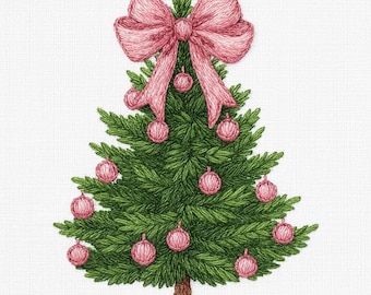 May include: Embroidered Christmas tree with green needles, pink baubles, and a large pink bow at the top. The tree has a brown trunk and is set against a white background.