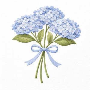 May include: A bouquet of light blue hydrangea flowers with green leaves and stems, tied with a light blue ribbon. The flowers are in full bloom, with detailed petals. The image is set against a white background.