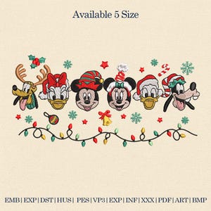 May include: Embroidered design featuring Disney characters in Christmas attire. Pluto, Donald Duck, Mickey Mouse, Minnie Mouse, and Goofy are depicted with festive hats and decorations. The text "Available 5 Size" is at the top.