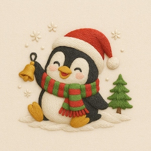 Può includere: Immagine ricamata di un allegro pinguino con un cappello rosso di Babbo Natale e una sciarpa a righe verdi e rosse. Il pinguino tiene in mano una campana d'oro ed è vicino a un piccolo albero di Natale verde. Fiocchi di neve bianchi sono sparsi intorno al pinguino.