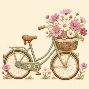 Può includere: Un'illustrazione ricamata di una bicicletta verde chiaro con un sellino marrone e un cestino intrecciato pieno di fiori cosmos rosa e bianchi. La bicicletta presenta pneumatici e raggi marroni, con fiori aggiuntivi che crescono alla base delle ruote.
