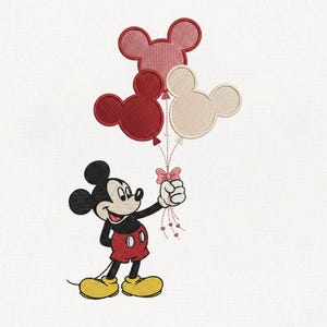 May include: An embroidered design featuring Mickey Mouse holding three Mickey Mouse-shaped balloons in shades of red and beige. Mickey is wearing red shorts, yellow shoes, and black gloves. The balloons are connected with dotted lines and a pink bow.