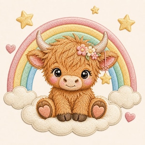May include: An embroidered patch featuring a fluffy brown Highland cow sitting on a white cloud. The cow has small flowers between its horns, pink cheeks, and heart-shaped paw pads. A pastel rainbow arches behind the cow, accented by yellow stars.
