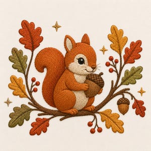 Simpatico disegno di ricamo autunnale con scoiattolo, file di ricamo a macchina con scoiattolo e ghianda, animale del bosco autunnale PES DST JEF VP3