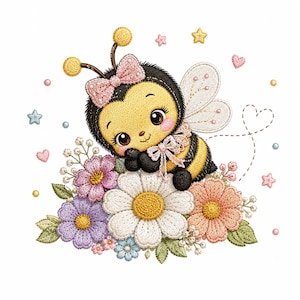 May include: A cute cartoon bee with a pink bow and wings, resting on a bed of colorful embroidered flowers. The bee is yellow and black, with large eyes and a sweet expression. Pink hearts and stars surround the bee.