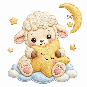 May include: An embroidered illustration of a cute lamb sitting on a blue cloud, holding a yellow star. A yellow crescent moon and stars are in the background. The lamb has a cream-colored body, pink accents, and big, dark eyes.