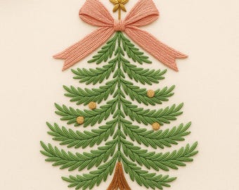May include: Embroidered Christmas tree design with a pink bow and gold star. The green tree has gold baubles and a brown trunk, set against a cream background. A festive holiday decoration.