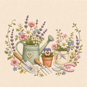 May include: Embroidered garden scene with a watering can, flower pots, and gardening tools. The watering can and pots hold colourful flowers in shades of pink, purple, white, and blue. A trowel, fork, and pruning shears are also included in the design.