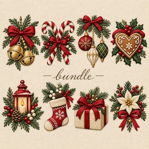 Op de afbeelding: Een digitale collectie van acht kerstillustraties in borduurstijl met gouden bellen, zuurstokken, kerstballen, een hartvormig koekje, een lantaarn, een kerstsok, een cadeau en een kerstster, in het midden voorzien van de tekst bundle.