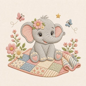 May include: An embroidered design featuring a gray baby elephant sitting on a multicolored patchwork quilt. The elephant has pink inner ears, heart-shaped foot pads, and a pink flower on its head. It is surrounded by pink and white flowers, a yellow star, and two butterflies.
