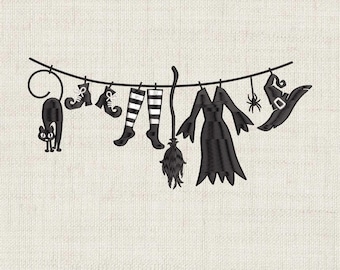 Witch Clothesline Halloween Embroidery Design, Hanging Witch Outfit Black Cat Broom Hat Machine Embroidery File