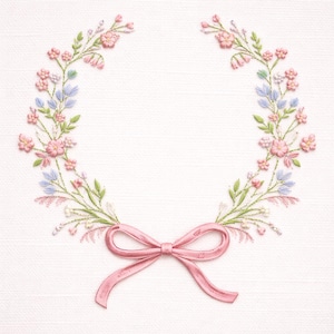 Pode incluir: Grinalda floral bordada com flores cor-de-rosa, folhas azuis e caules verdes. Uma fita de cetim rosa está no centro inferior. O design é sobre um fundo branco.