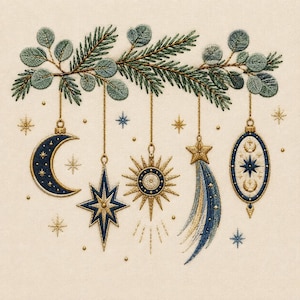 May include: An embroidery design on cream fabric featuring a horizontal pine and eucalyptus branch with five hanging ornaments. The ornaments include a crescent moon, a multi-pointed star, a sunburst, a shooting star, and an oval medallion.