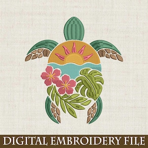 May include: A digital embroidery file featuring a sea turtle design. The turtle is green with brown accents and a yellow and pink sunset design on its shell. Pink flowers and green leaves decorate the turtle's body. The text "DIGITAL EMBROIDERY FILE" is at the bottom.