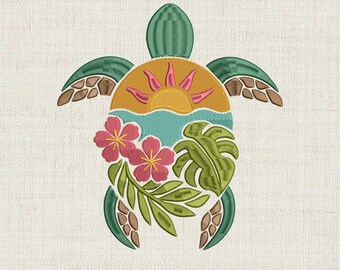 May include: A digital embroidery file featuring a sea turtle design. The turtle is green with brown accents and a yellow and pink sunset design on its shell. Pink flowers and green leaves decorate the turtle's body. The text "DIGITAL EMBROIDERY FILE" is at the bottom.