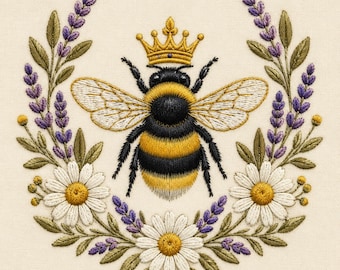 Pode incluir: Um design de bordado apresentando uma abelha central usando uma coroa dourada, cercada por uma guirlanda simétrica de ramos de lavanda roxa e margaridas brancas com centros amarelos, tudo costurado em um fundo de tecido off-white.