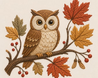 May include: An intricate embroidery design featuring a brown owl perched on a textured branch. The scene is decorated with vibrant autumn maple leaves in shades of orange, red, and gold, along with small red berries and brown seed pods.