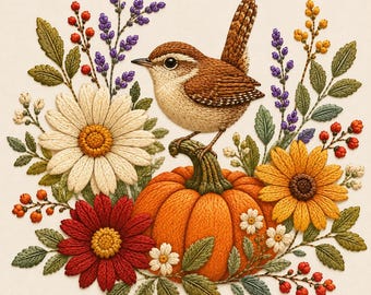 Autumn Wren Pumpkin Machine Embroidery Design, Fall Bird Floral Pumpkin Bouquet Embroidery File, Thanksgiving PES DST JEF