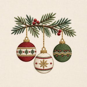 May include: An embroidery design featuring a pine branch with green needles and small red berries. Three round ornaments hang from the branch: a red one with a white band and green stars, a white one with a gold star, and a green one with wavy lines.