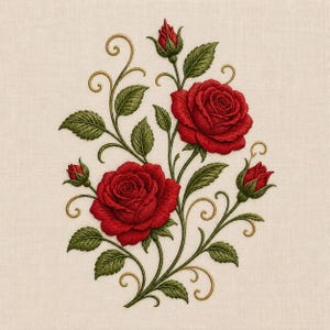 Puede incluir: Un diseño de bordado sobre tela beige claro que presenta dos rosas rojas en plena floración, dos capullos y hojas verdes detalladas. El arreglo floral está acentuado con finos remolinos y tallos decorativos de color dorado.