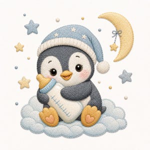 Op de afbeelding: Een schattige cartoonpinguïn met een blauwe slaapmuts met sterren, die een babyfles vasthoudt en op een wolk zit. De afbeelding bevat een gele halve maan en sterren, allemaal met een gestikt uiterlijk. Het kleurenpalet is zacht, met blauwe, gele en grijze tinten.