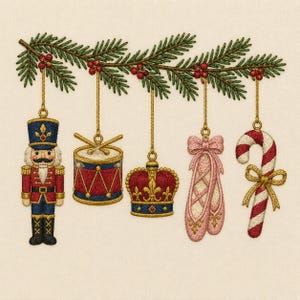 Nötknäpparen julgirland broderidesign, balett tofflor trumma krona polkagris, semester maskinbroderifil, DST PES