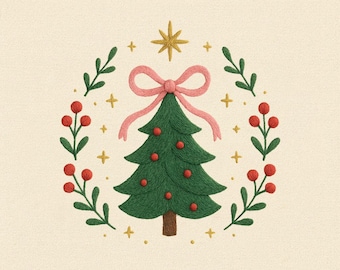 May include: An embroidered Christmas tree design with a pink bow, red ornaments, and a gold star. The tree is surrounded by green leaves and red berries. The text "Available 5 Size" is at the top.