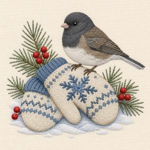 May include: An embroidery design featuring a dark-headed bird perched on a pair of cream-colored mittens with blue snowflake and zigzag patterns. The mittens are surrounded by green pine needles, small red berries, and white snow patches.