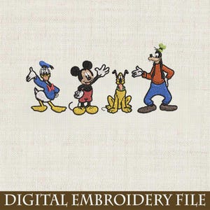 May include: Embroidered design featuring Donald Duck, Mickey Mouse, Pluto, and Goofy. Donald Duck is in a blue sailor suit, Mickey Mouse in red shorts, Pluto in yellow, and Goofy in an orange shirt and blue pants. The text "DIGITAL EMBROIDERY FILE" is at the bottom.