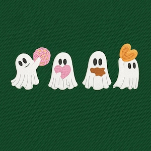 May include: Embroidered design of four white ghost figures with different details. One ghost holds a pink ball, another has a pink heart, a third has a brown stain, and the last has a gold heart-shaped object. Set against a dark green background.