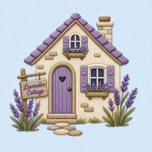 Könnte beinhalten: Ein gestickter Aufnäher eines Häuschens mit violettem Dach, einer violetten Tür mit herzförmigem Ausschnitt und einem Steinkamin. Ein Holzschild trägt die Aufschrift Lavender Cottage. Das Haus hat Fenster mit violetten Fensterläden.
