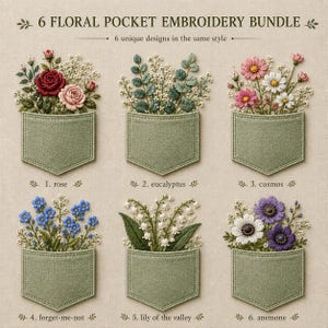 Può includere: Immagine di un set di ricami floreali da taschino. Sono presentati sei design unici, ciascuno con una diversa composizione floreale all'interno di una tasca verde. I fiori includono rose, eucalipto, cosmos, nontiscordardimé, mughetti e anemoni.