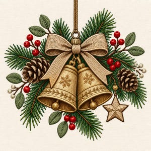 Può includere: Un ornamento da appendere ricamato con due campane dorate decorate da fiocchi di neve, legate da un fiocco in tessuto color sabbia. Il design include aghi di pino verdi, pigne marroni, bacche rosse e una piccola stella dorata sospesa.