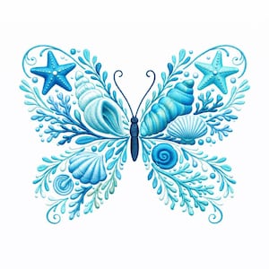 May include: A butterfly design composed of seashells, starfish, and aquatic plants in shades of blue. The butterfly's wings are intricately detailed with various shell shapes and textures, set against a white background.