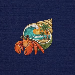 May include: An orange hermit crab with dark eyes positioned in front of a tan spiral seashell. The interior of the shell features a colorful illustration of a tropical beach scene with a yellow sun, two palm trees, and a large blue ocean wave.