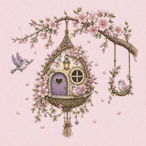 May include: A whimsical illustration of a fairy house adorned with pink blossoms and a heart-shaped door. Two birds perch near the house, and another flies nearby. A swing with two birds hangs from a flowering branch. The background is a soft pink.