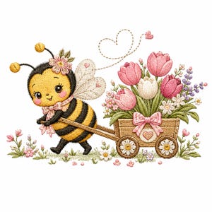 Söt bi som drar blommavagn broderidesign, vårbi broderifil, tulpanvagn broderimönster, kawaii bi PES DST JEF