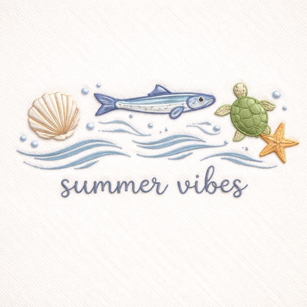 Summer Beach Embroidery Design, Coastal Ocean Fish Turtle Starfish ...
