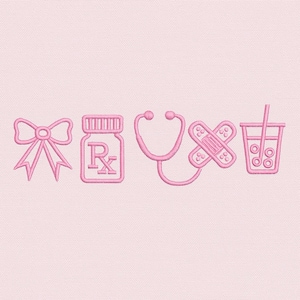 Puede incluir: Diseño bordado en rosa sobre un fondo rosa claro. Incluye un lazo, un frasco de medicamentos con el símbolo Rx, un estetoscopio, una tirita y una bebida con pajita, creando un tema coherente.
