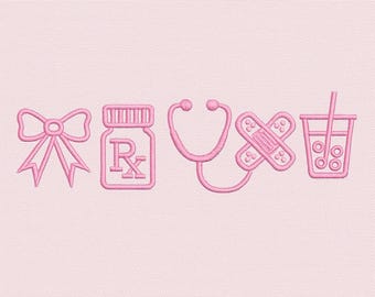 Medical Icons Embroidery Design | Nurse Doctor Stethoscope Bandage Embroidery File | Cute Bow Medicine Pattern | Digital Download