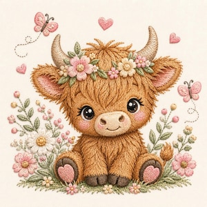 May include: An embroidered image of a Highland cow calf with a floral crown, surrounded by pink flowers, butterflies, and hearts. The calf has large, expressive eyes and a sweet expression, with a soft, textured appearance.