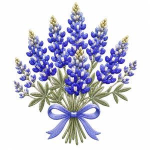 May include: A detailed illustration of a bouquet of bluebonnet flowers. The flowers are a vibrant blue with white accents, and the stems are tied with a blue ribbon. Green leaves surround the flowers, creating a natural and elegant composition.