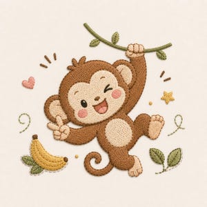 Peut inclure: Image brodée d'un singe joyeux suspendu à une liane verte. Le singe est marron avec un visage beige clair, des joues roses et une expression souriante. Une banane jaune et un cœur rose sont également inclus.
